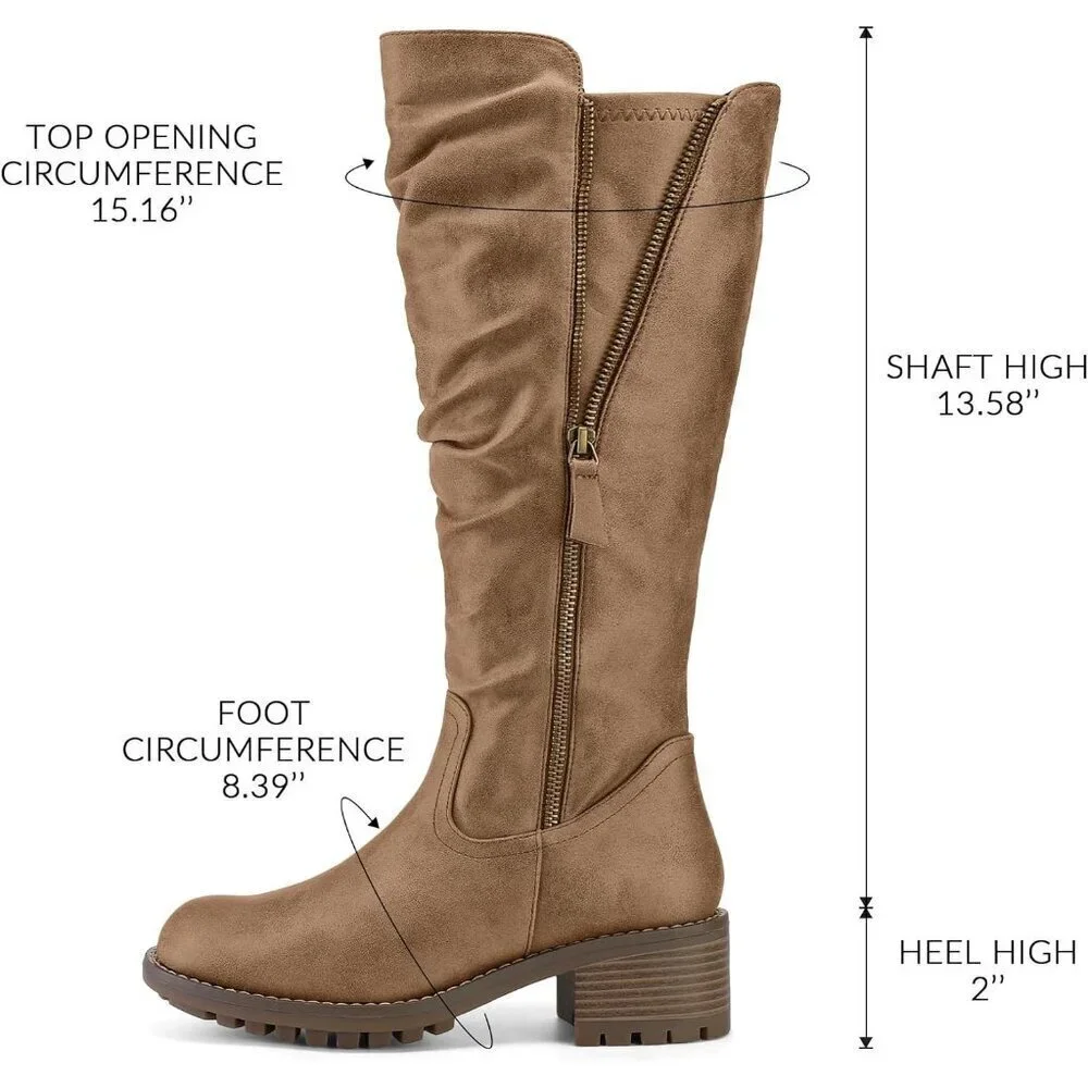 Women's Tan Mysoft Knee High Boots Chunky Heel Lug Sole Side Zipper 2 Inch